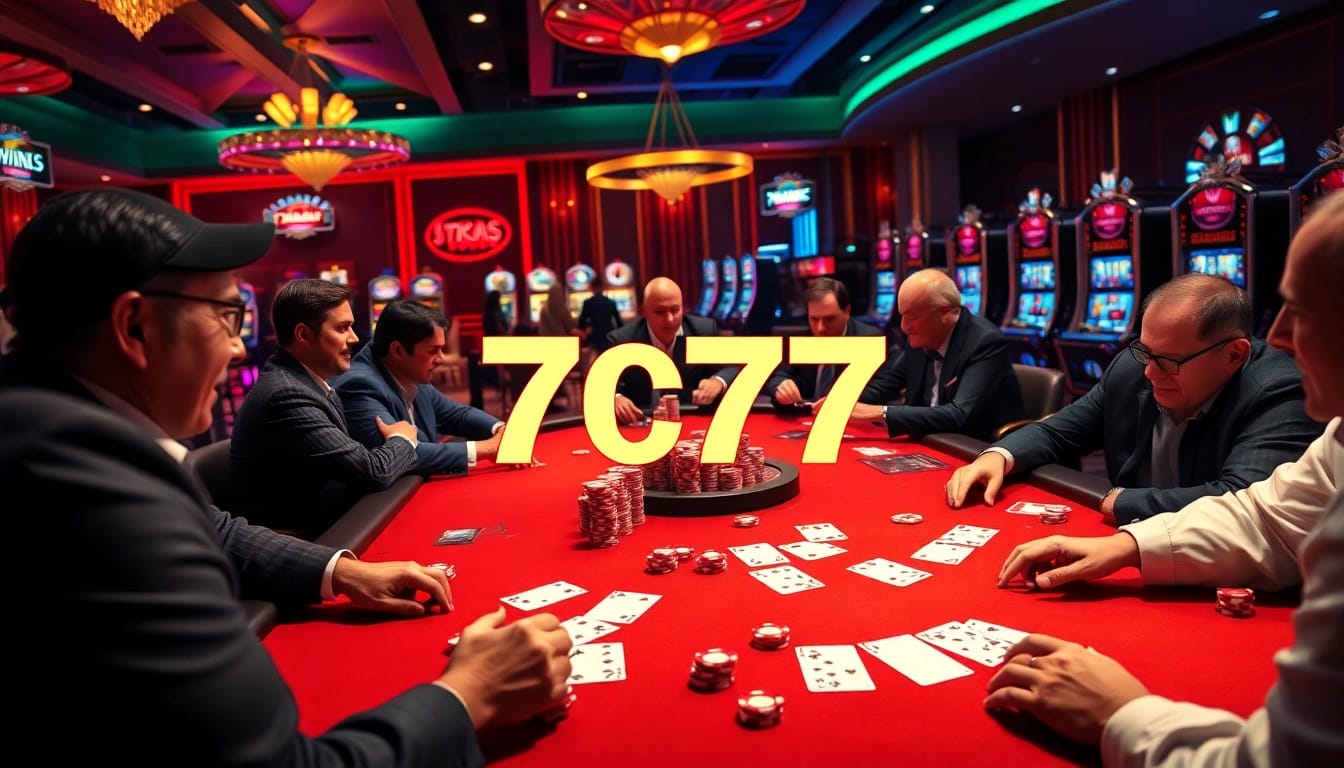Players enjoying a high-stakes poker game at 7C77 Casino, showcasing excitement and strategy.