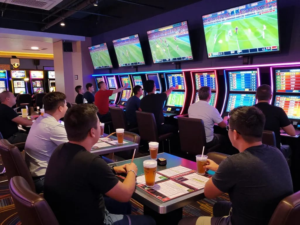 Experience intense sports betting excitement at 68win, with bettors engaged and screens displaying live games