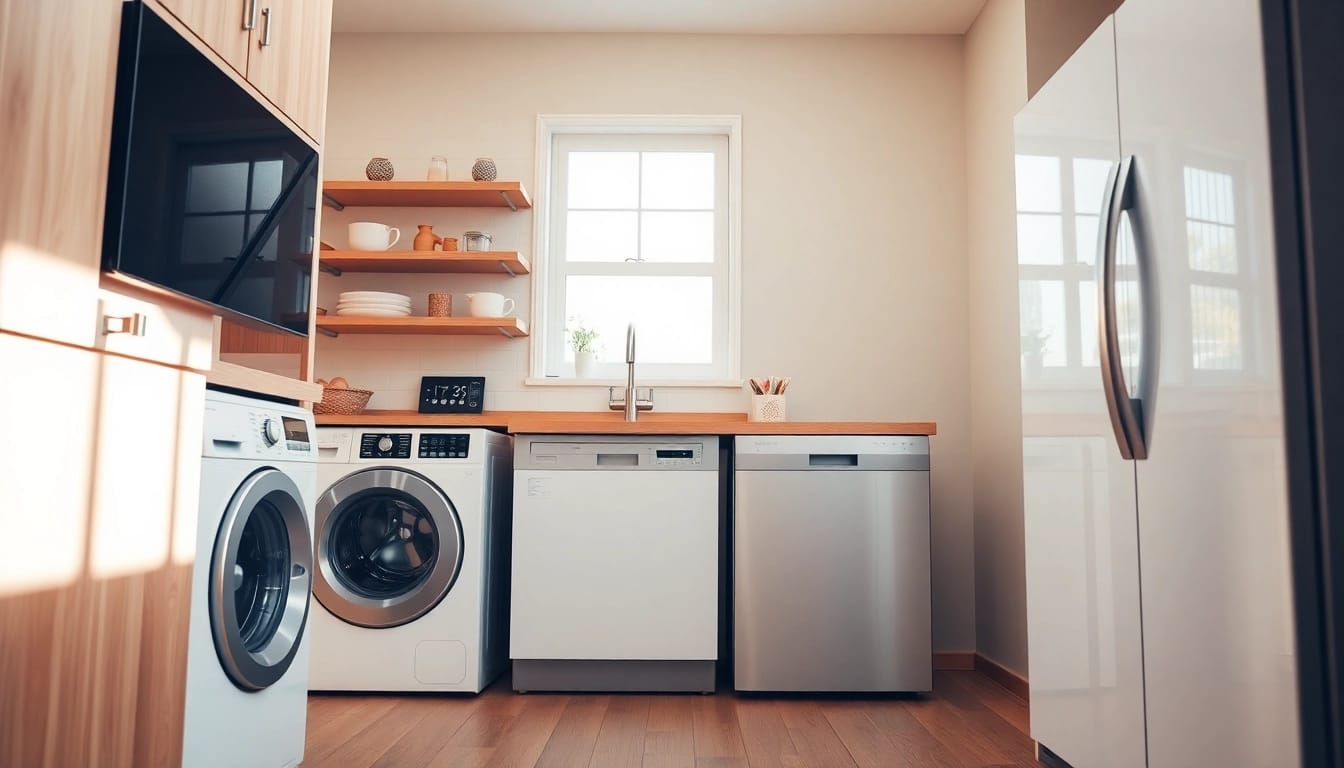 Showcase bяла техника with modern dishwashers and refrigerators in a stylish kitchen setting, emphasizing quality and design.