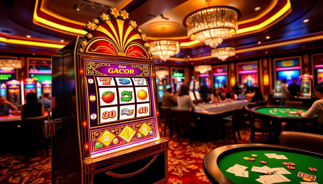 Engaging players enjoying Slot Gacor Hari ini at a vibrant casino scene with colorful slot machines.