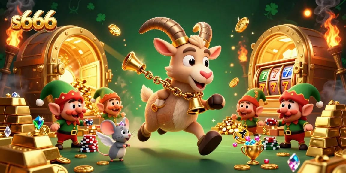 S666 casino scene with Krampus goat, angel mouse, and elf gremlins amid dynamic gaming action.