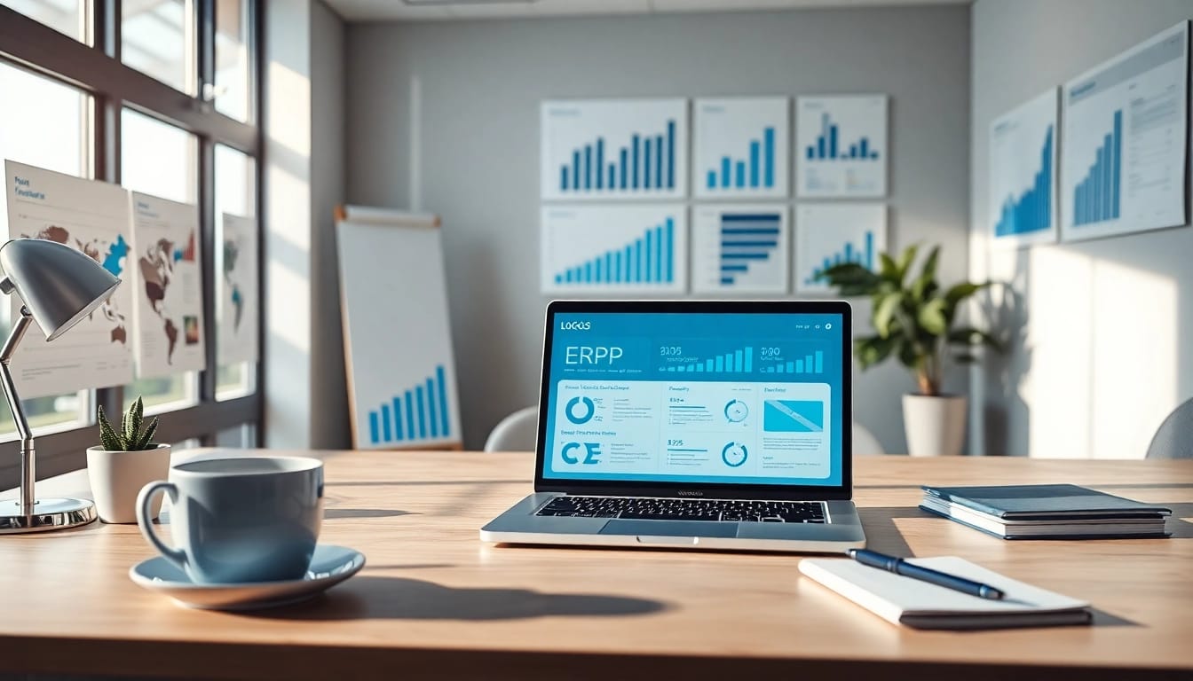 Professional office setup showcasing logo go3 fiyatı on a laptop with growth charts.