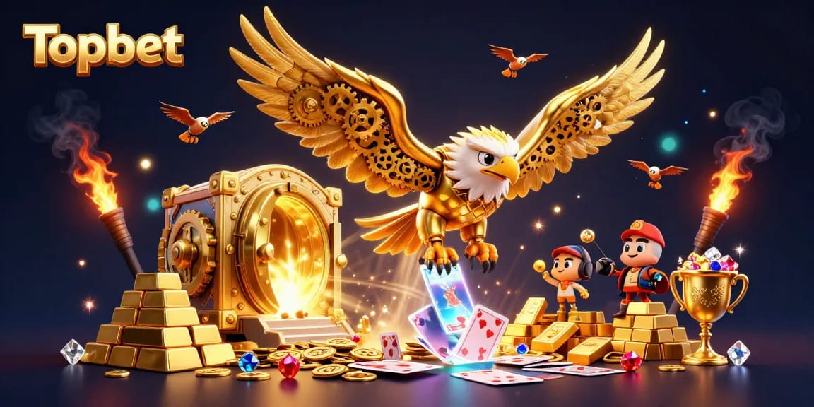 Topbet showcases a vibrant scene with a cybernetic golden eagle and holographic cards in a dynamic casino atmosphere.