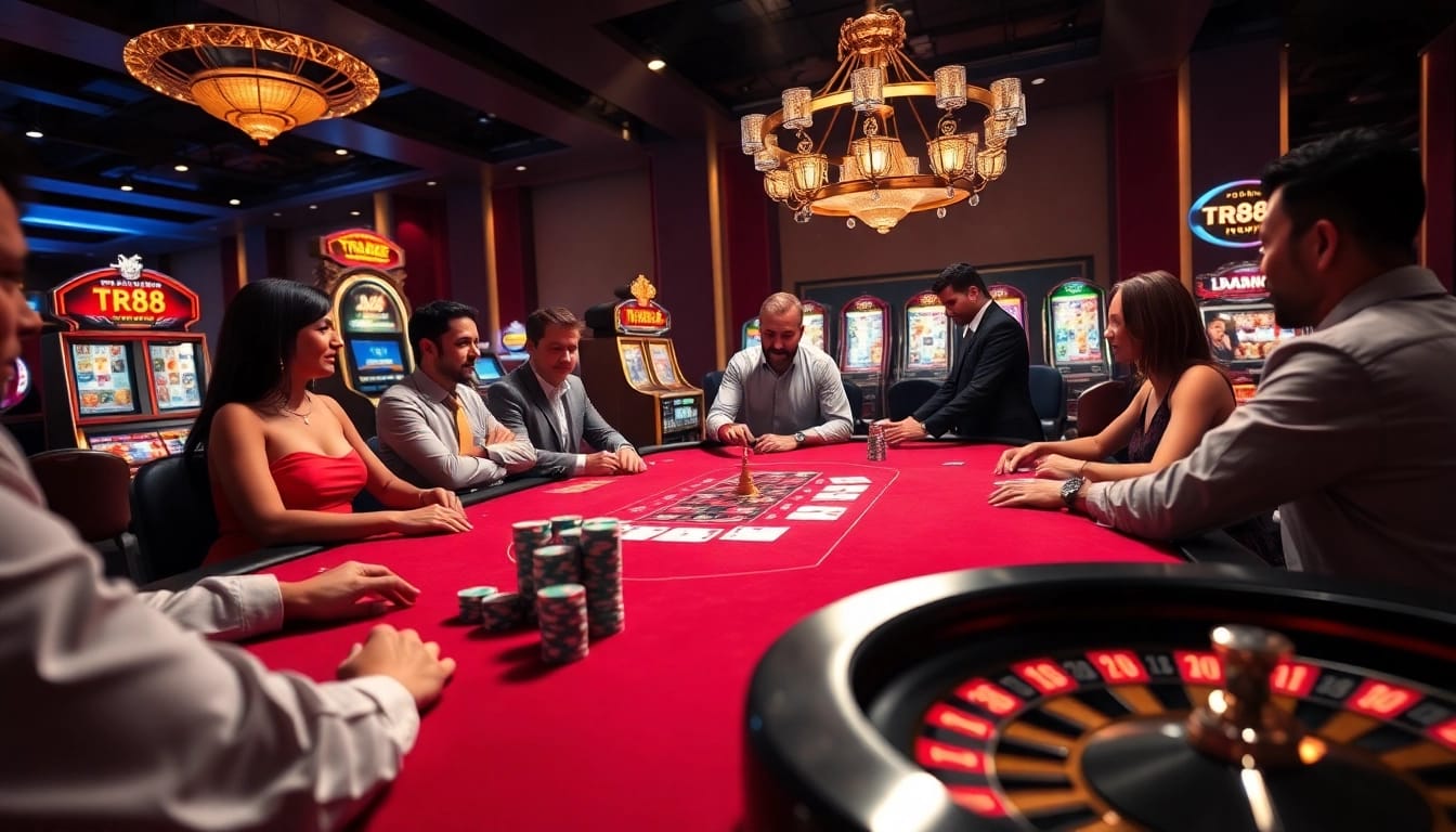 Engaging casino scene highlighting TR88 strategies at a vibrant poker table.