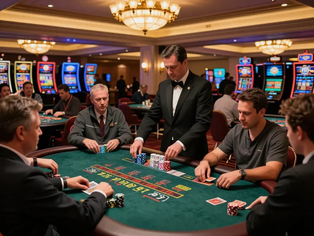 Players strategizing and placing bets at blackjack tables in a luxurious casino setting featuring GMNC.