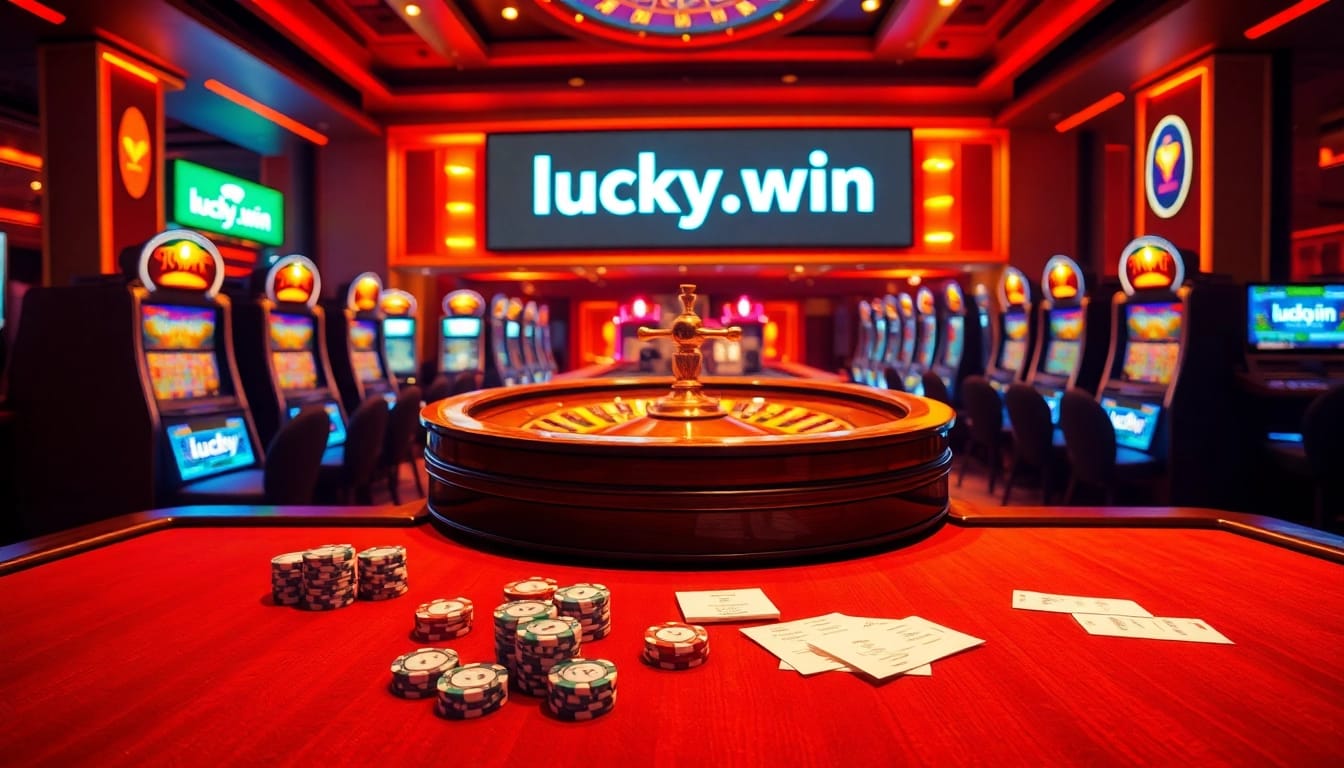Experience the thrill of winning at lucky.win with a lively casino scene showcasing roulette, poker chips, and slot machines.