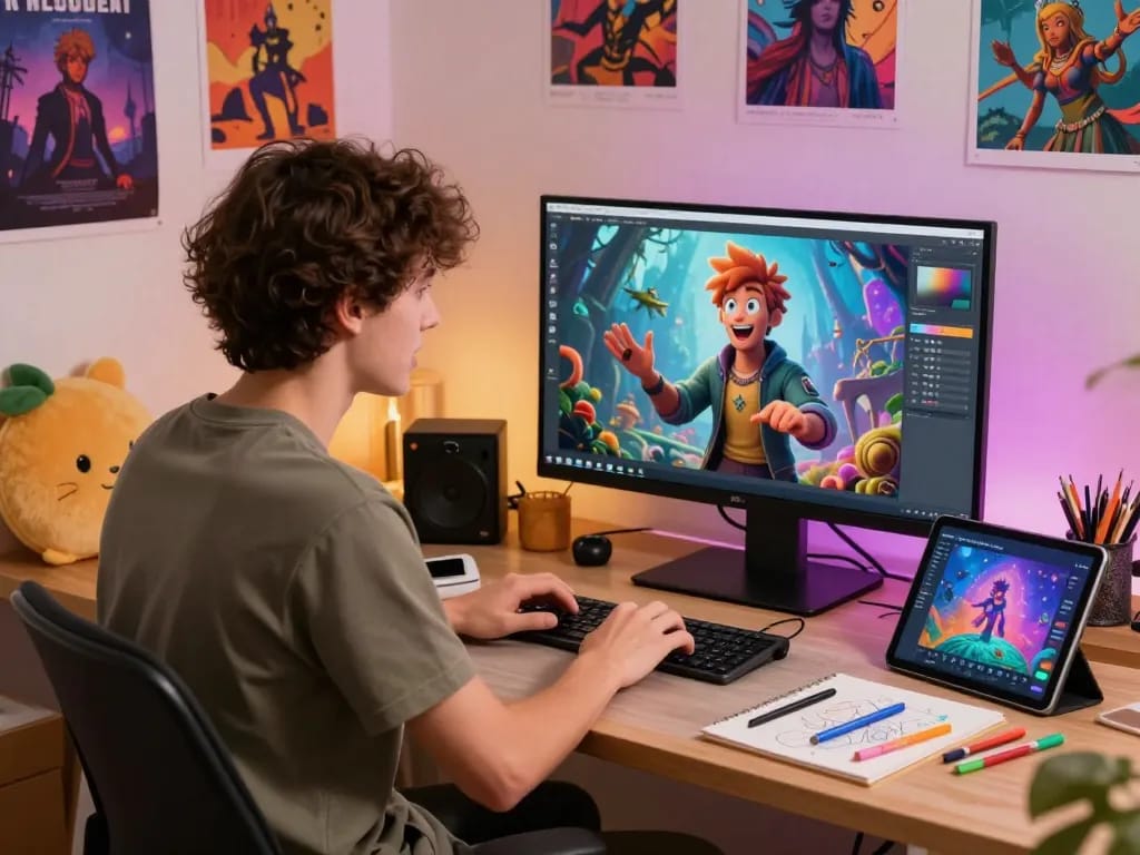 Engaging NSFW AI conversation scene showcasing a user interacting with advanced AI in a vibrant home office.