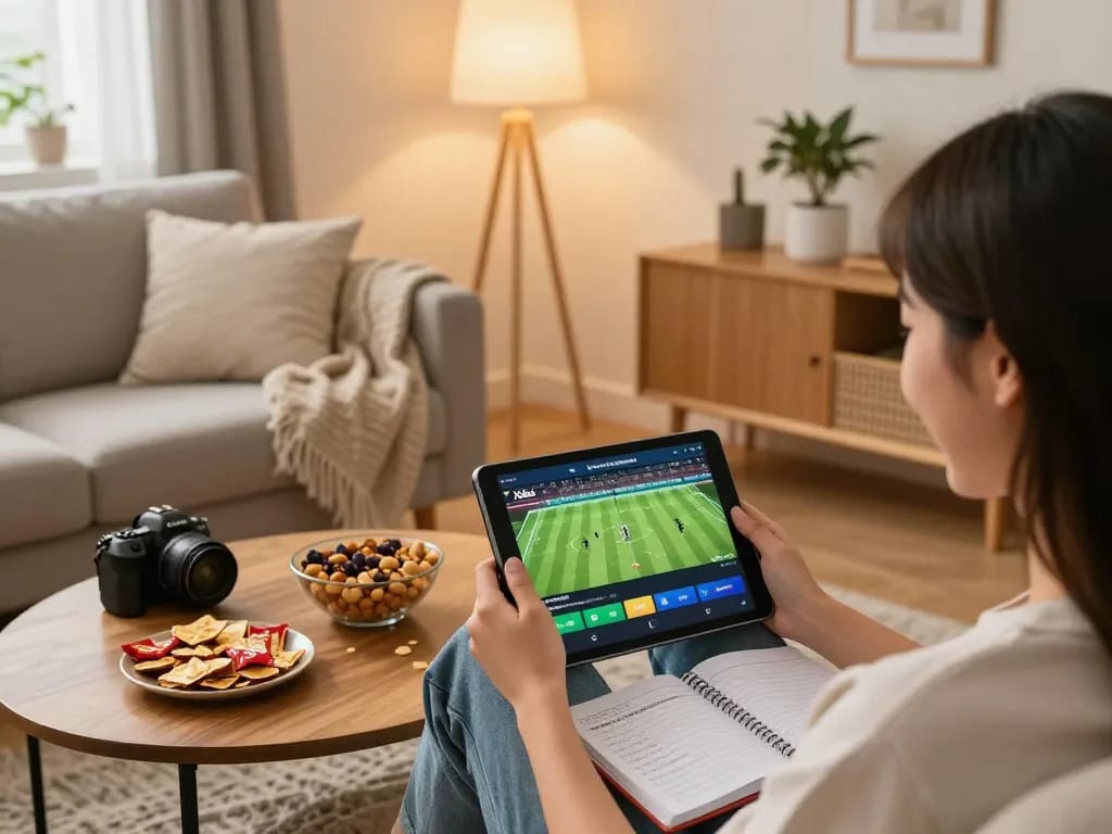 Xoilac user enjoying online football streaming while tracking betting strategies at home.