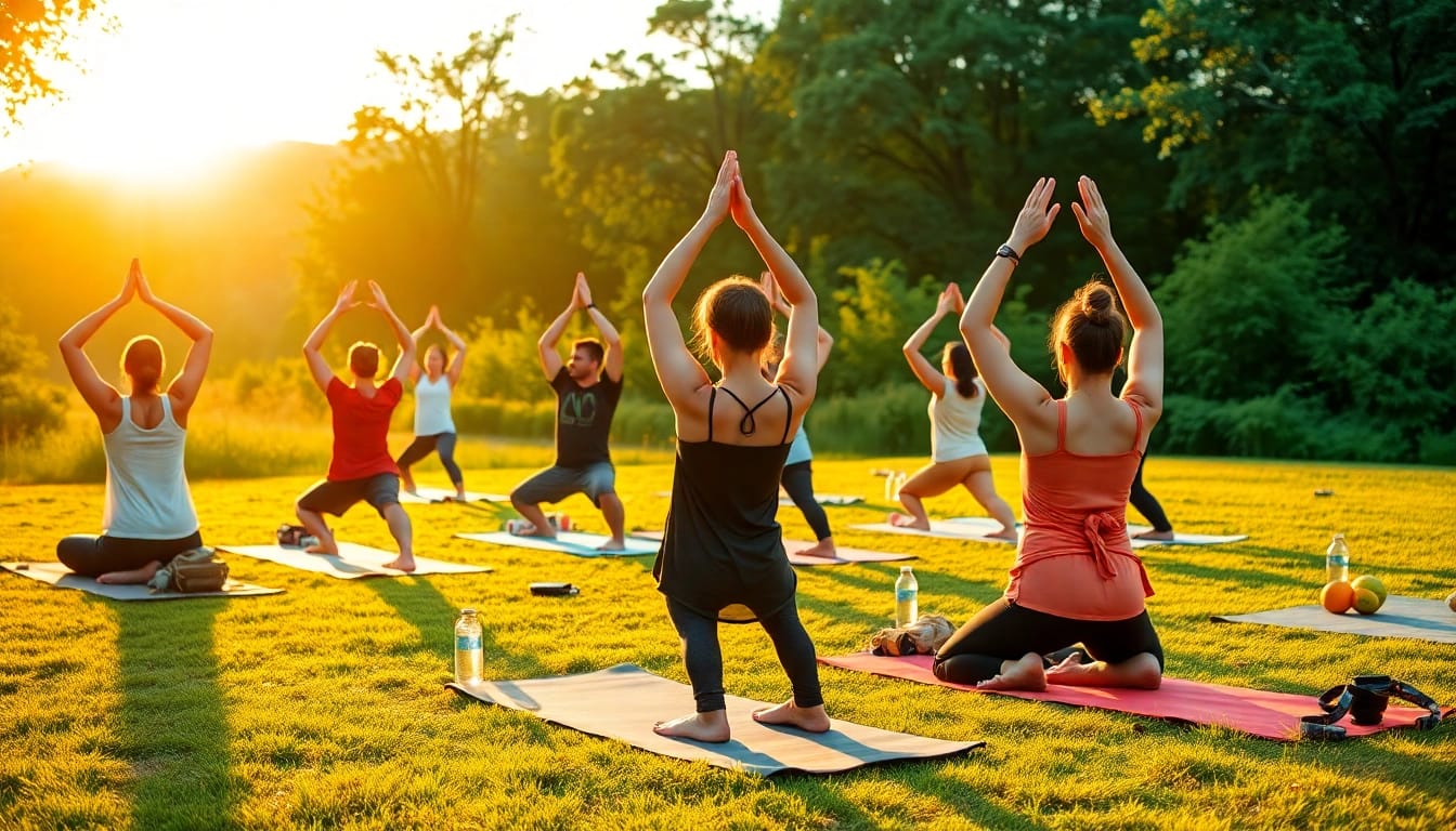 Group practicing yoga outdoors at sunrise, showcasing Weight Loss through healthy living.
