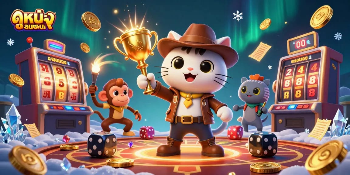 Engage with ดูหนังออนไลน์ showcasing a cartoon cat archaeologist uncovering golden artifacts amidst gambling chaos.