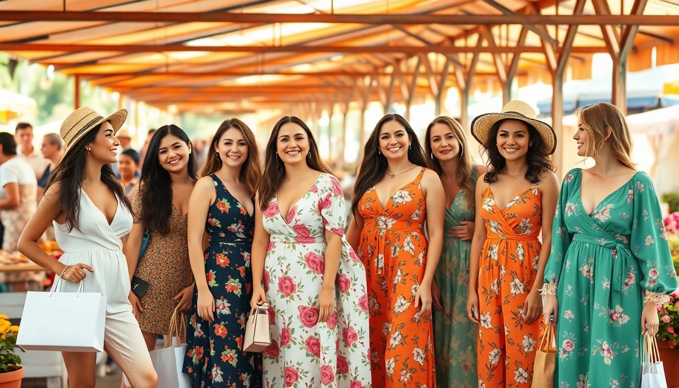 Women Fashion: Stylish women showcasing diverse outfits at an outdoor market.