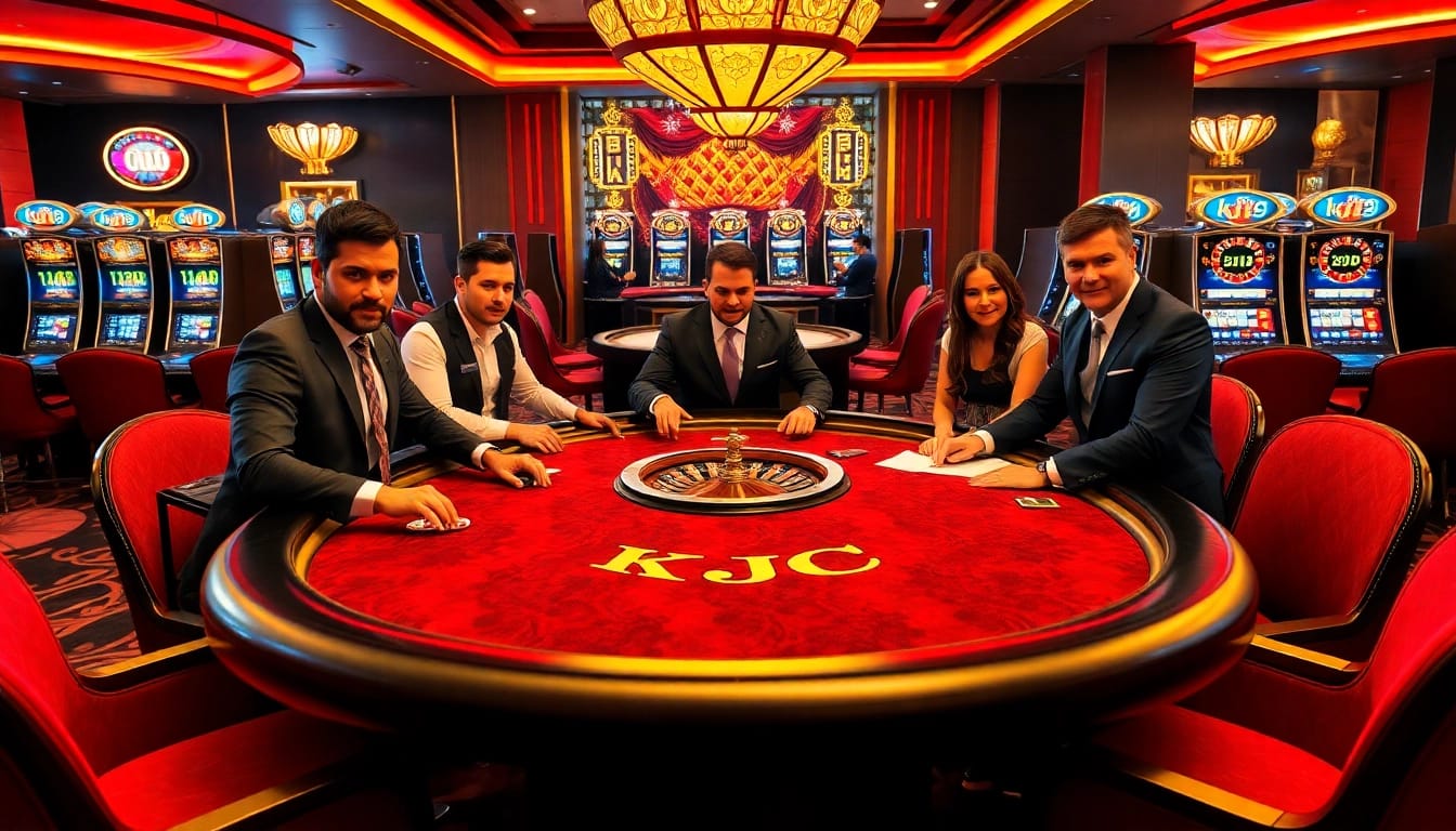 KJC branded poker table with gamblers playing, capturing the excitement of casino action.