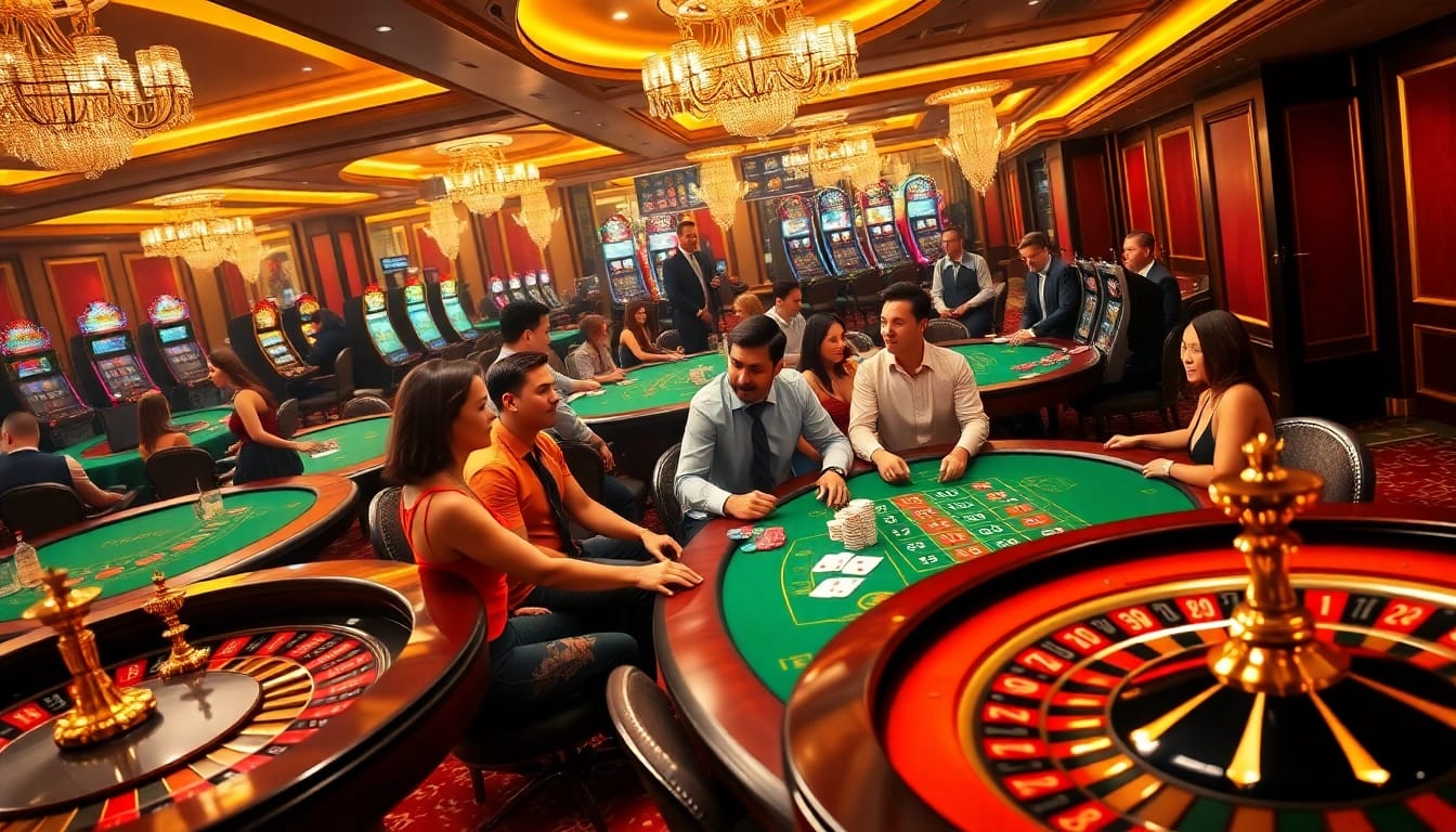 Players enjoying a thrilling casino experience at Luck8 with engaging tables and slot machines.