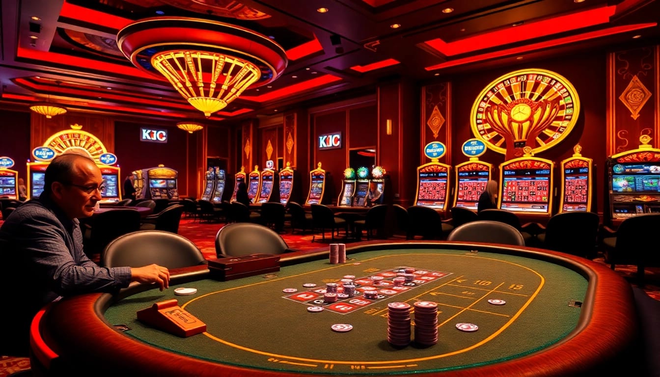 KJC casino scene showcasing a thrilling poker game with vibrant colors, players engaged, and glamorous atmosphere.