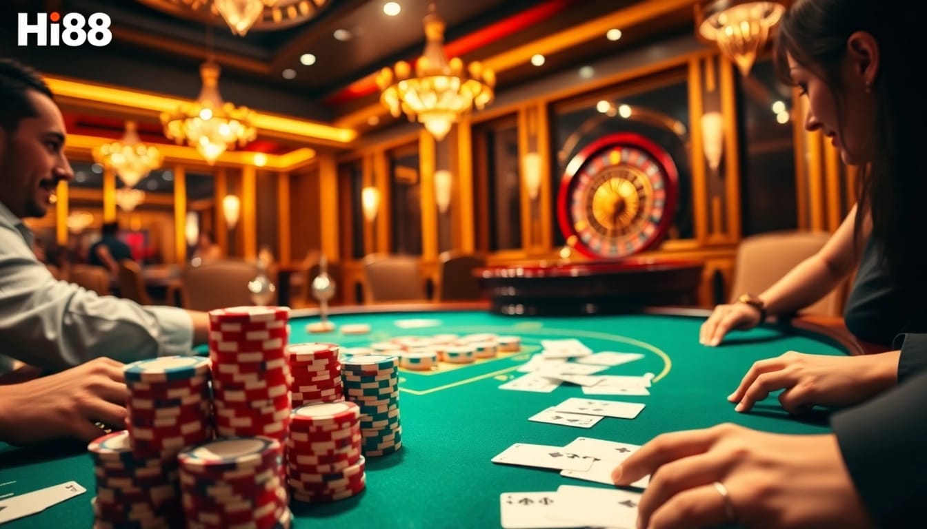 Hi88 poker game showcasing high-stakes action and luxurious casino atmosphere.