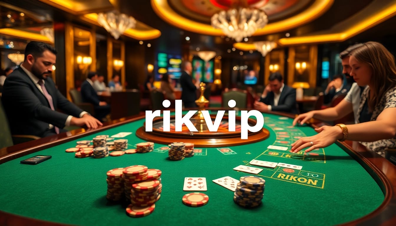 Join the excitement of the rikvip casino experience with a vibrant poker scene and elegant gambling elements.