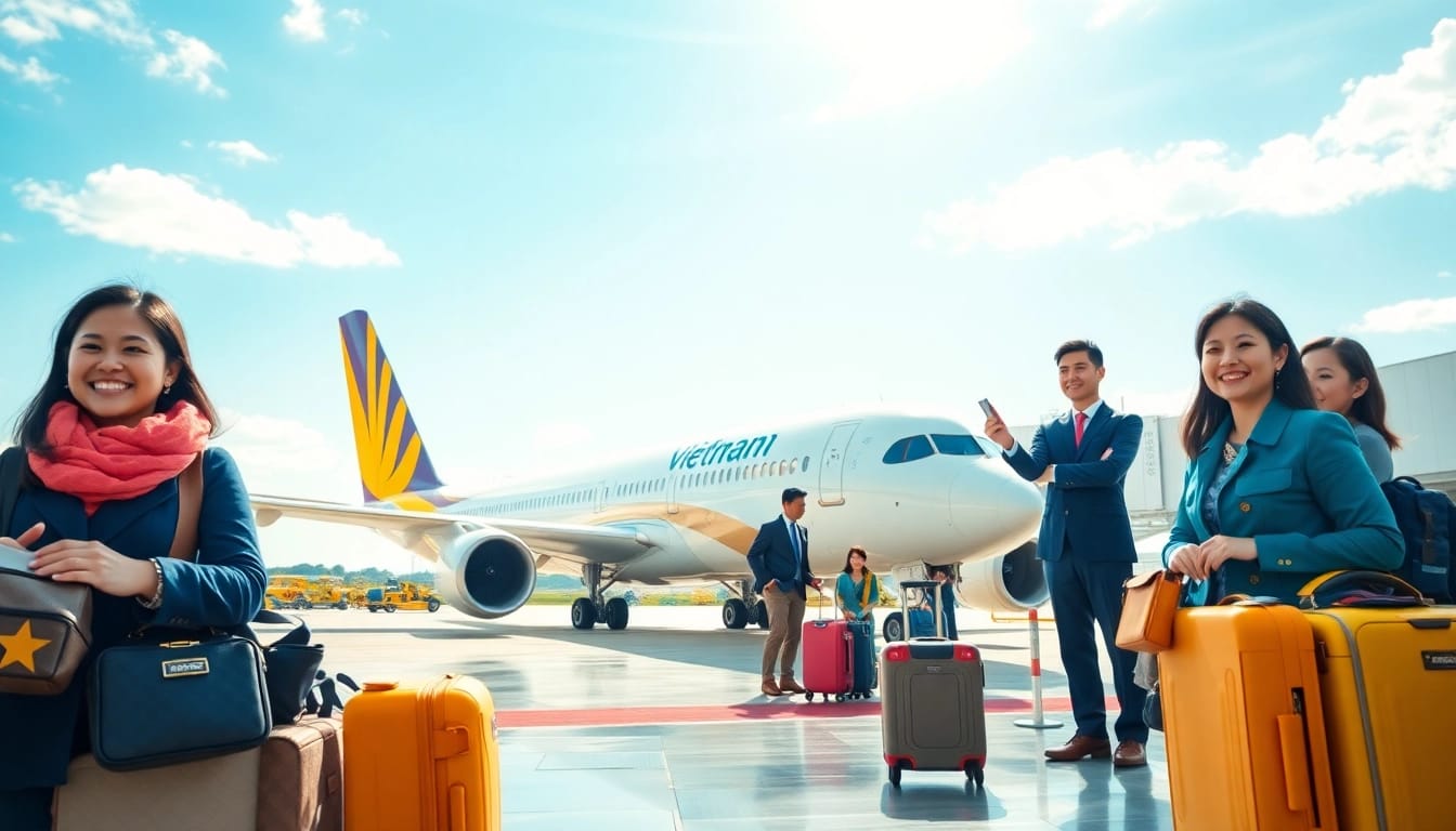 Experience the excitement of traveling on VN168 with vibrant airport scenes and smiling passengers.