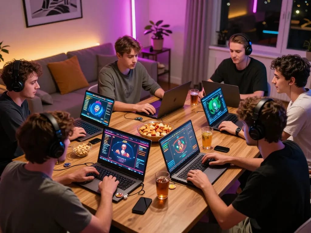 Players enjoying an online poker game on laptops at home, showcasing the excitement of au 88 gaming.