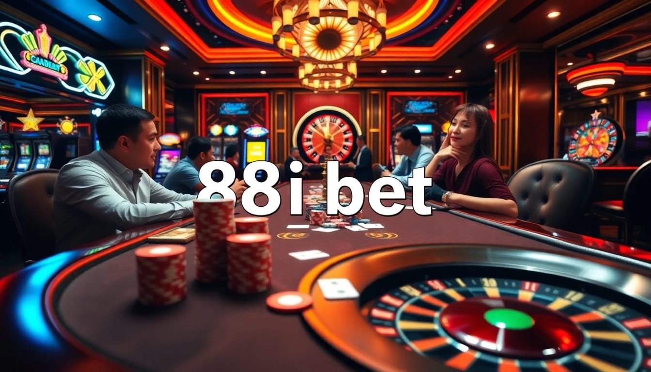 Experience the excitement of 88i bet at a luxurious casino with poker players and vibrant lights.