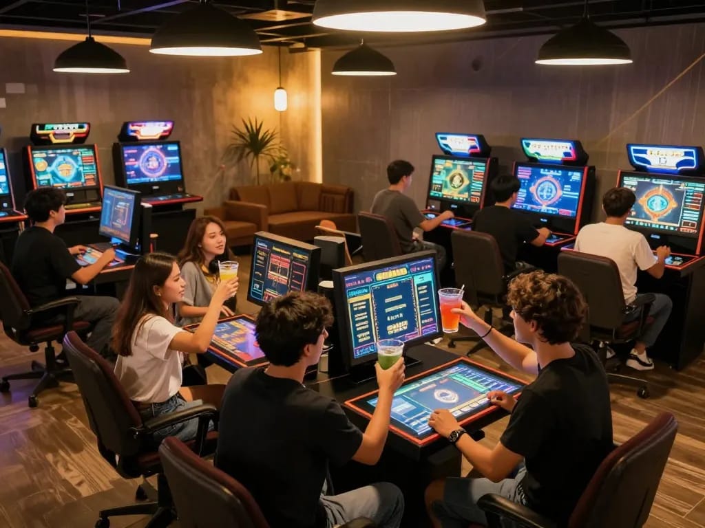 Fly88 players celebrating a win at vibrant electronic gaming tables in a modern gaming lounge.
