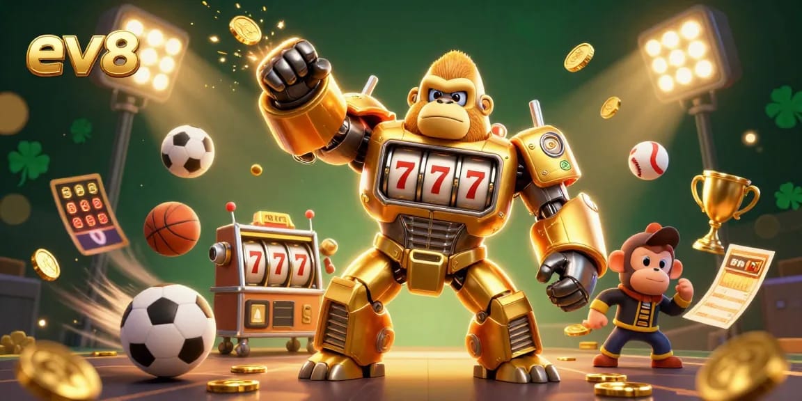 ev88 brings excitement with a golden gorilla mech going big with jackpots in a dazzling casino scene