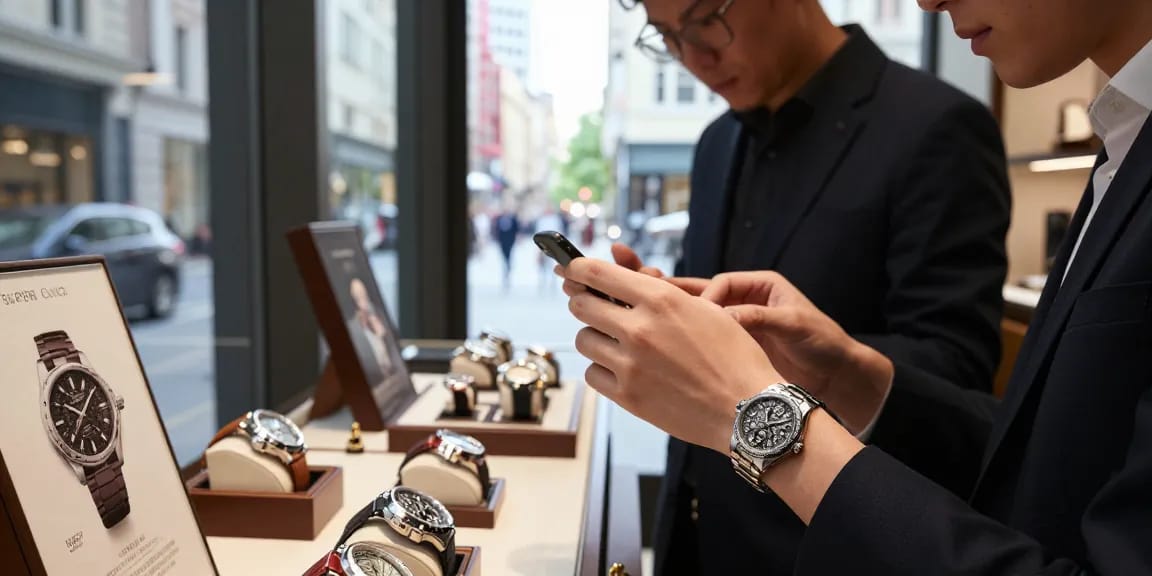 Admiring super clone watches in an urban boutique, showcasing luxury craftsmanship.
