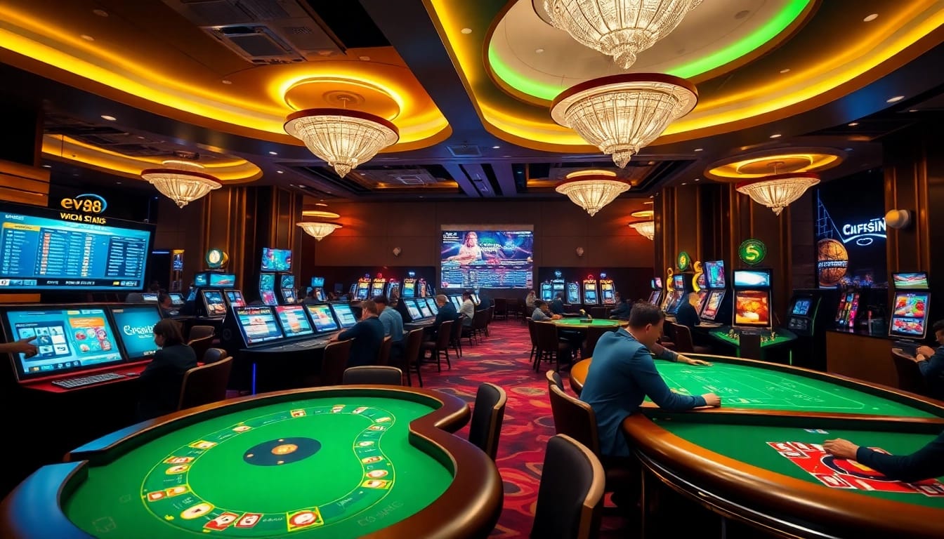 Experience the thrill of ev88win.live with players enjoying online casino games in a vibrant, modern setting.