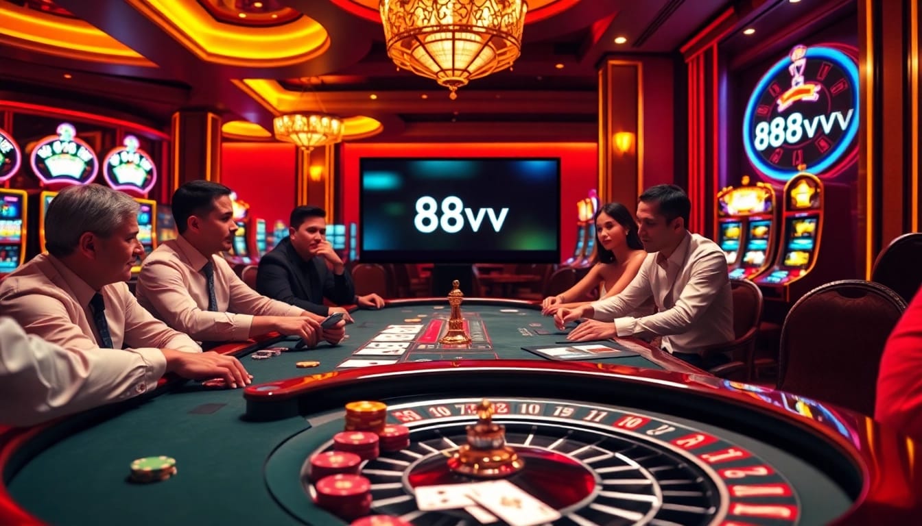 Experience the thrill of betting with 88vv in a luxurious casino setting featuring poker and roulette.