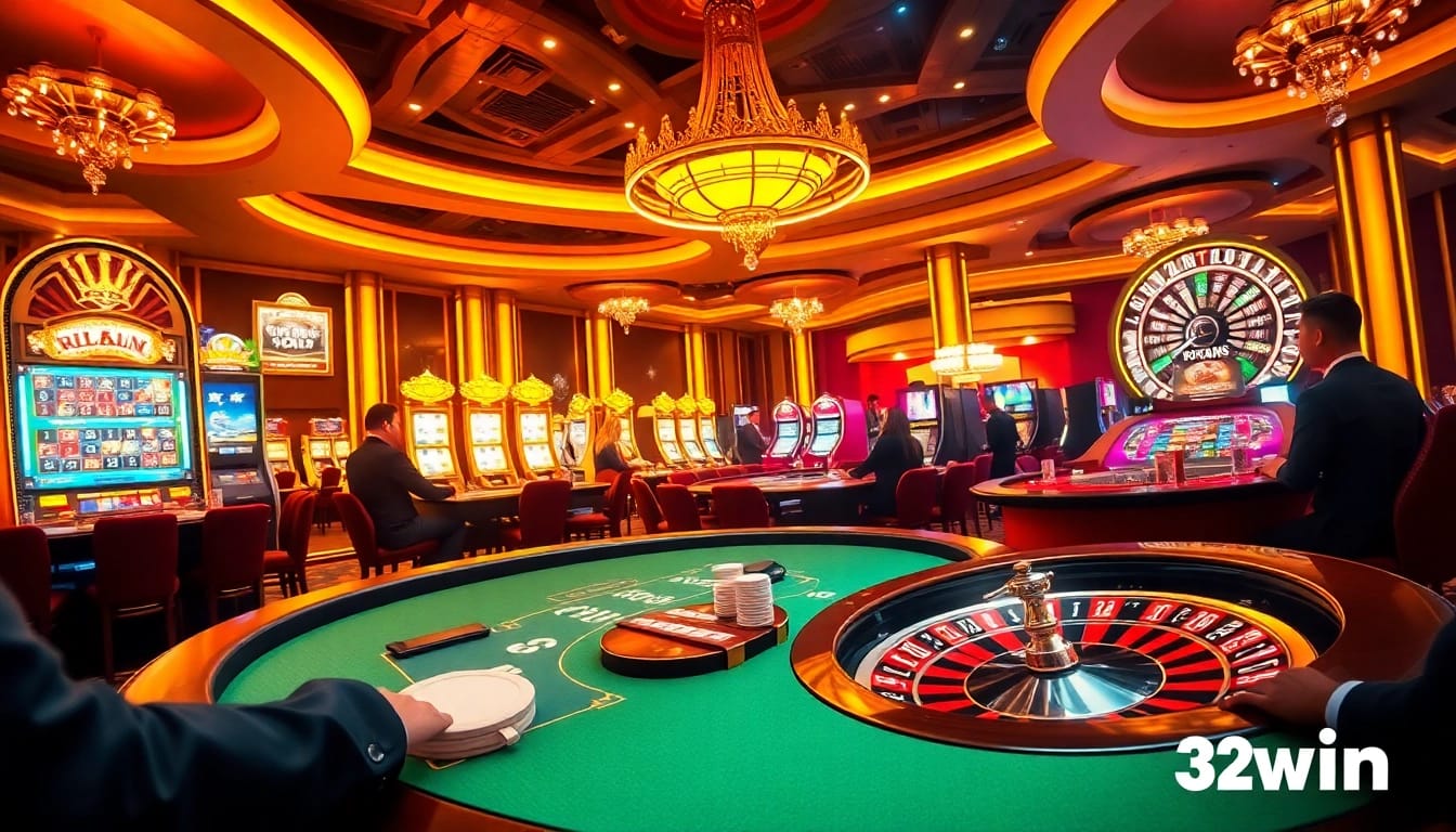 Players win big at the luxurious 32win casino gaming table with vibrant slot machines.