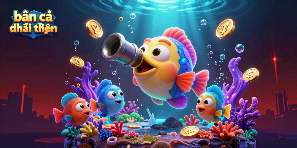 Engage in bắn cá đổi thưởng gameplay with vibrant underwater fish and dynamic ocean elements.