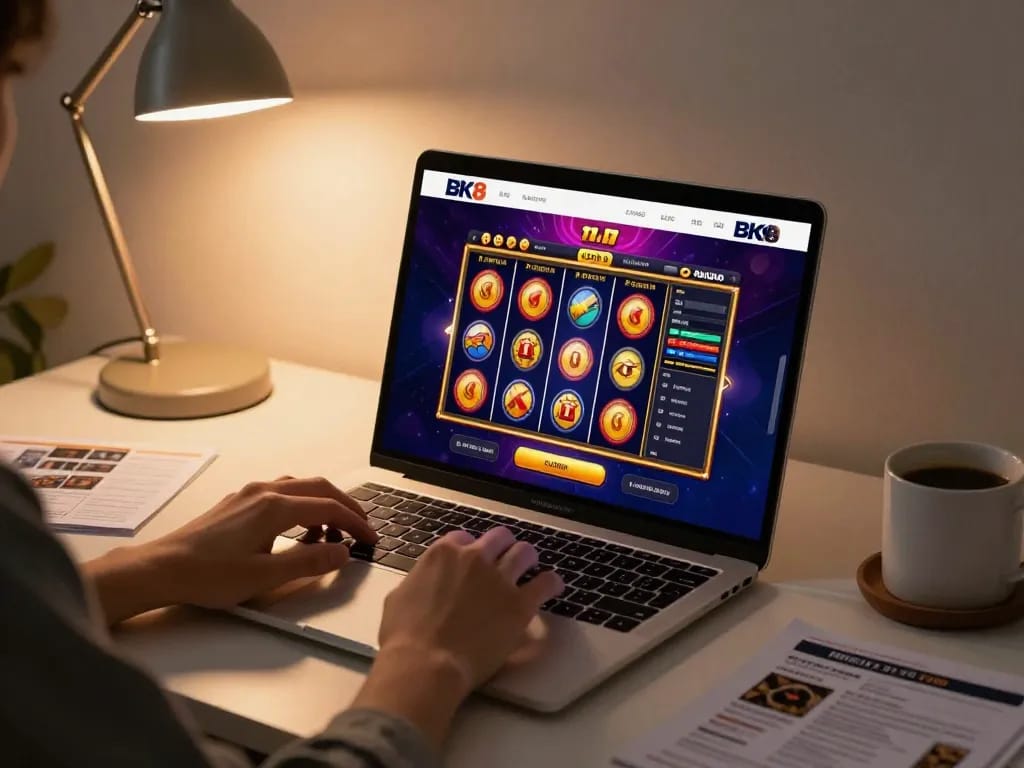Engaging in online casino gaming at BK8 dad with vibrant slots and cozy atmosphere