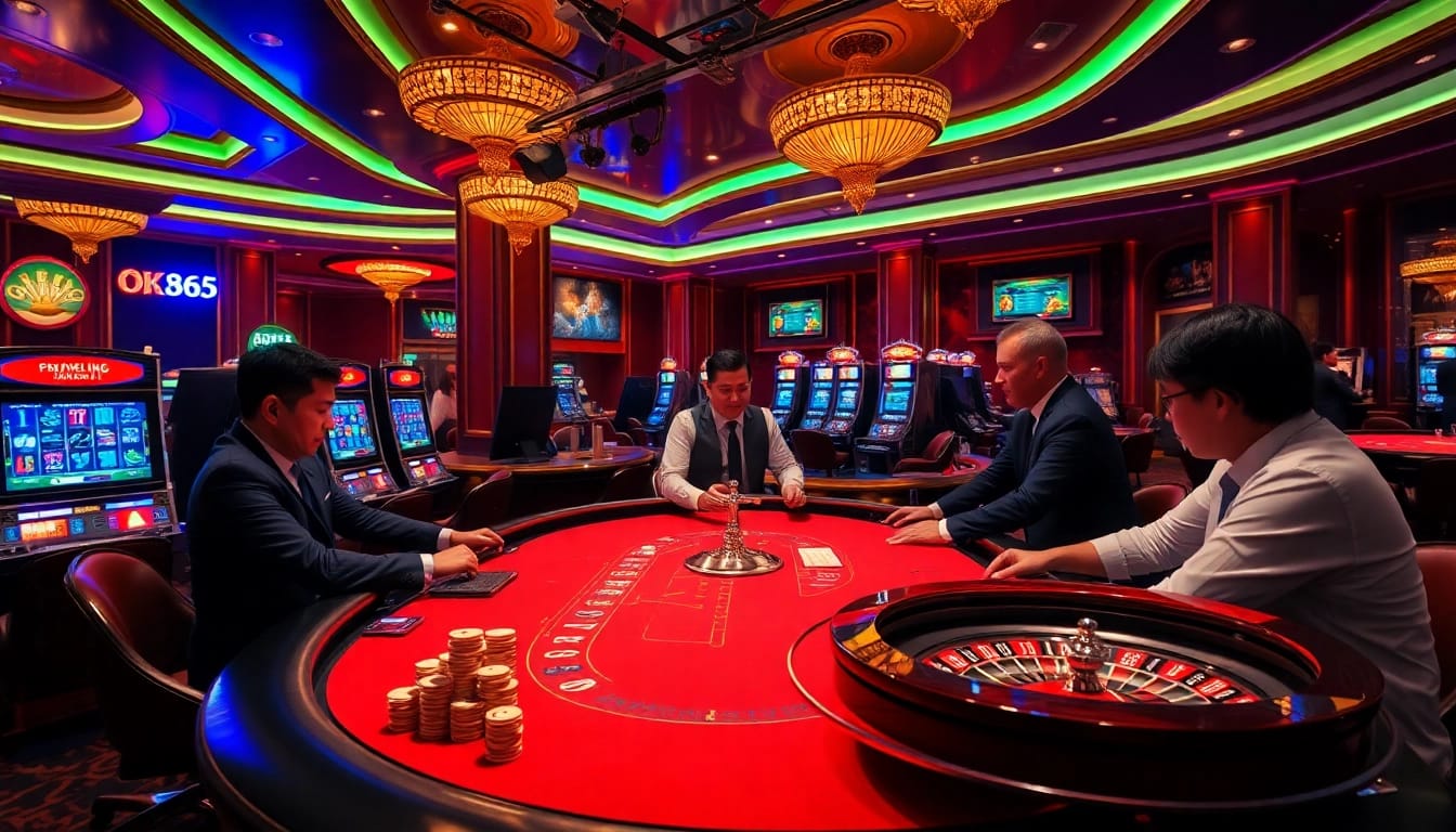 Intense poker game at Nhà cái OK365 with luxurious casino vibes and vibrant atmosphere.