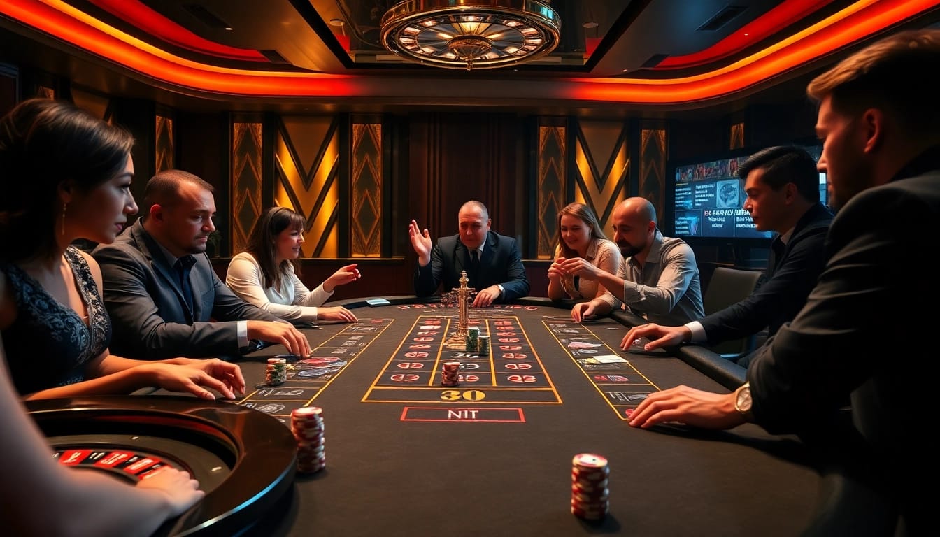 Sumvip gaming table featuring players celebrating a big win in a luxury casino setting.