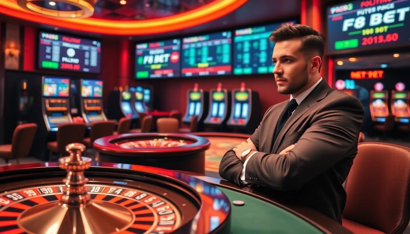 Players enjoying high-stakes games at F8 BET's luxurious casino tables with vibrant chips and roulette.