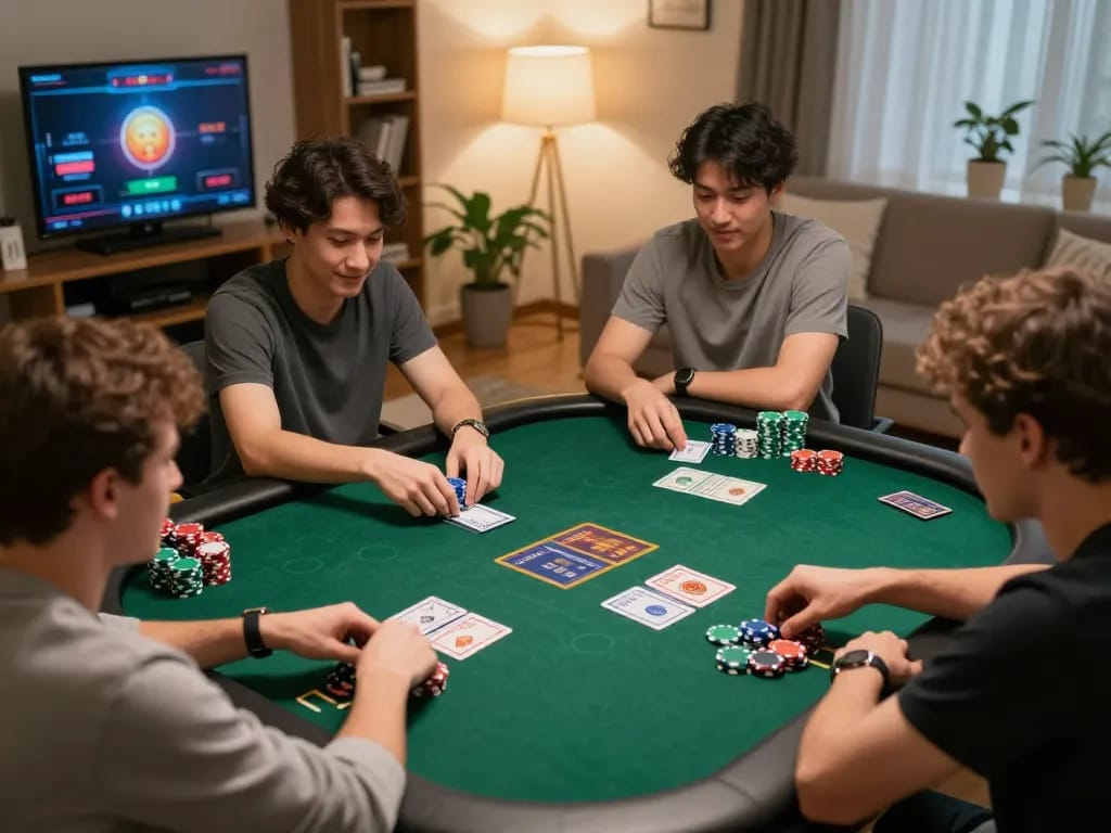 MM88 poker game in a cozy home setting with friends playing and strategizing bets.