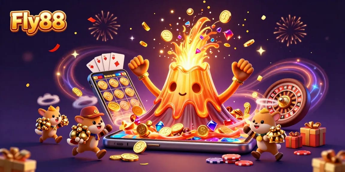 Experience the thrill of Fly88 with a triumphant volcano erupting coins and treasure in this vibrant casino illustration.