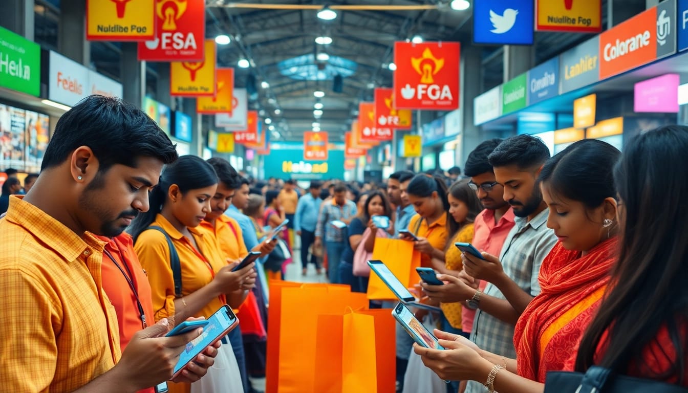 Engaging scene of Hela Ads users interacting in a vibrant digital marketplace.