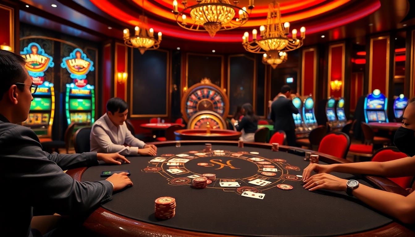 Experience the thrill of sx88 bet at a luxurious casino blackjack table with players and vibrant gaming chips.