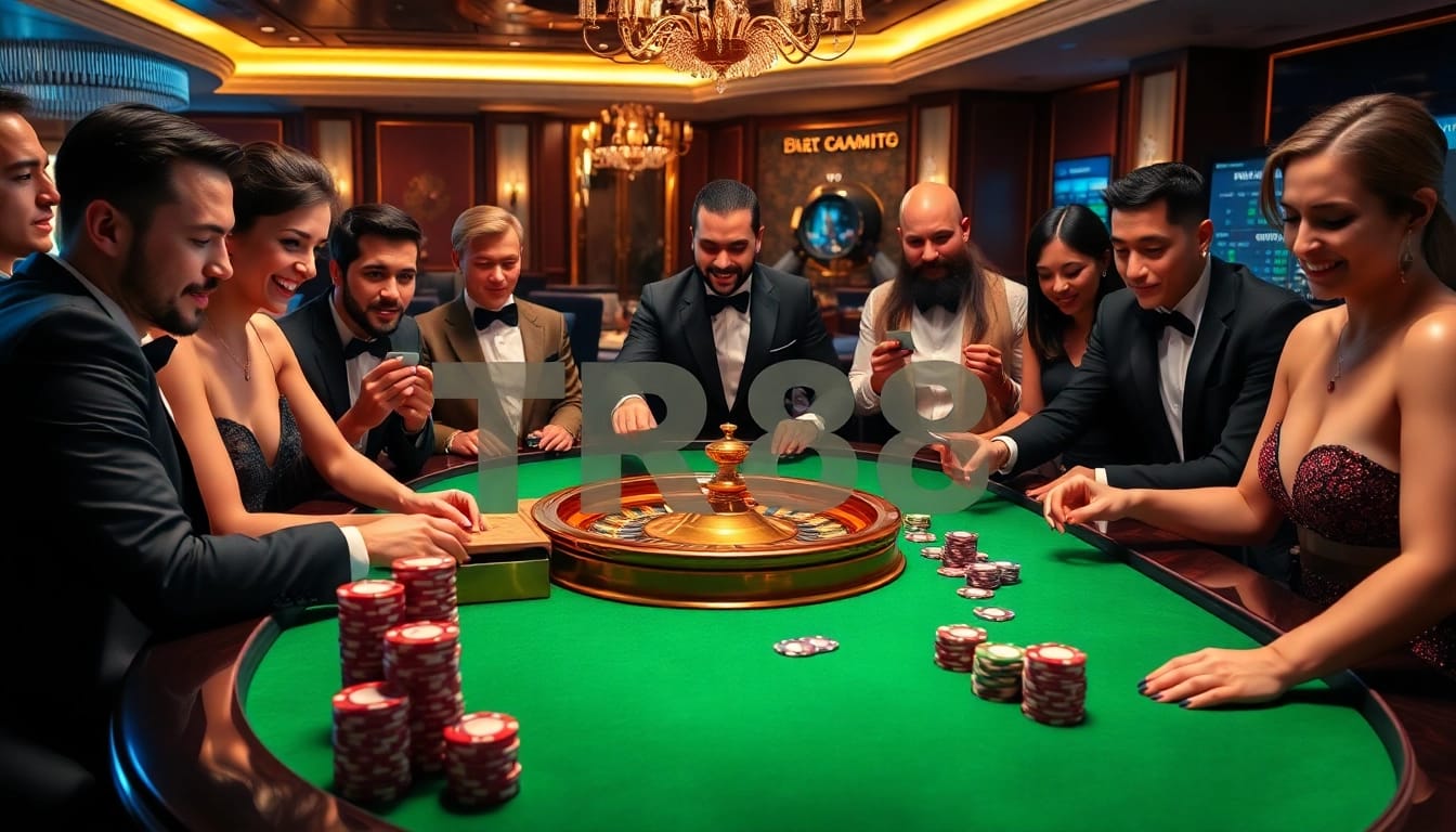 Players at a glamorous casino table enjoying a game while focusing on TR88 poker strategies.