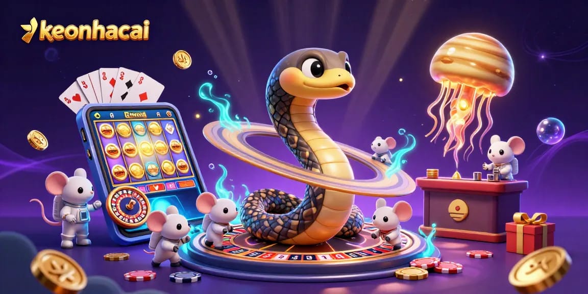 Engage with keonhacai's vibrant slots universe where astronaut mice bet, featuring a cosmic dealer.