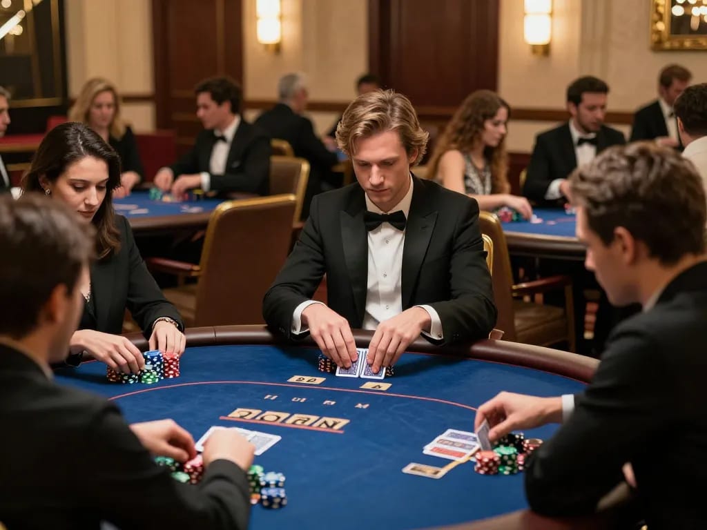 Players strategizing at a high-stakes poker game, showcasing dynamic action in game bài đổi thưởng.
