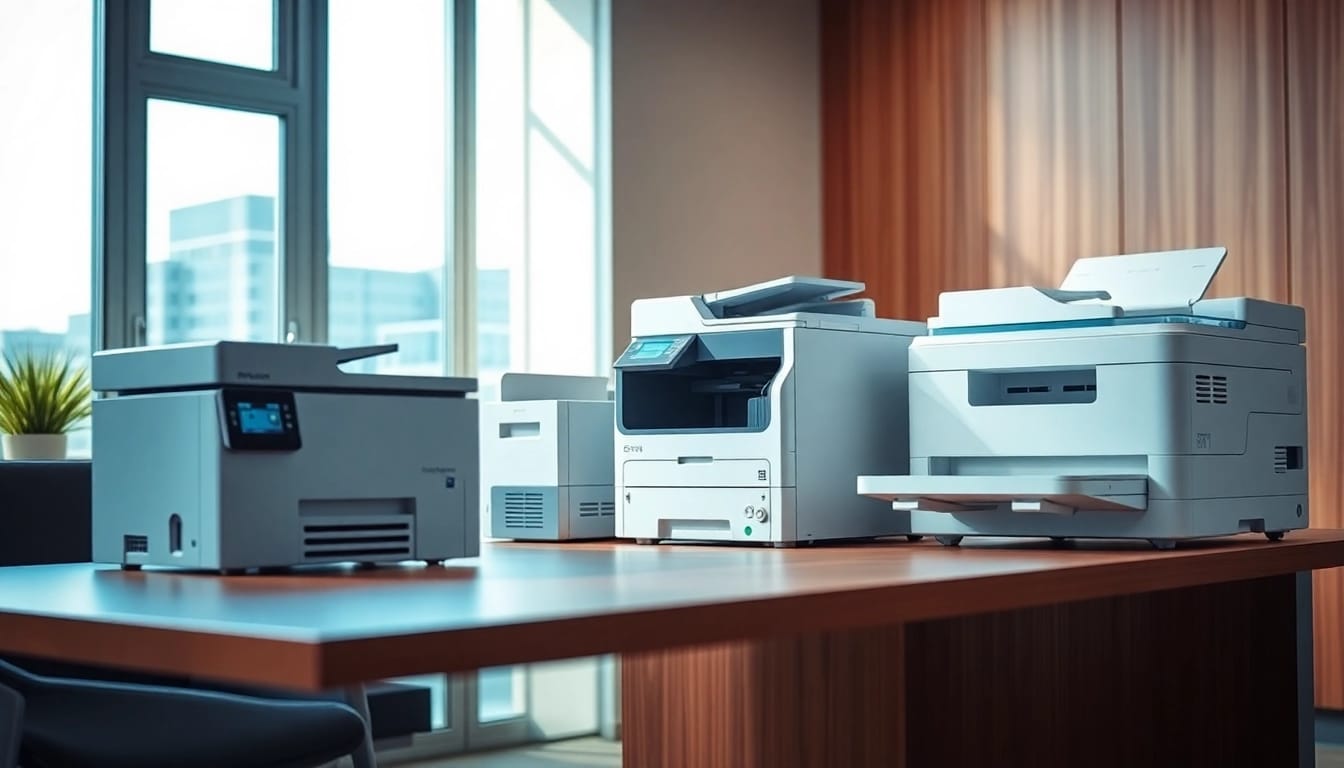 Explore advanced office machines, featuring a printer, copier, and scanner in a modern setting.