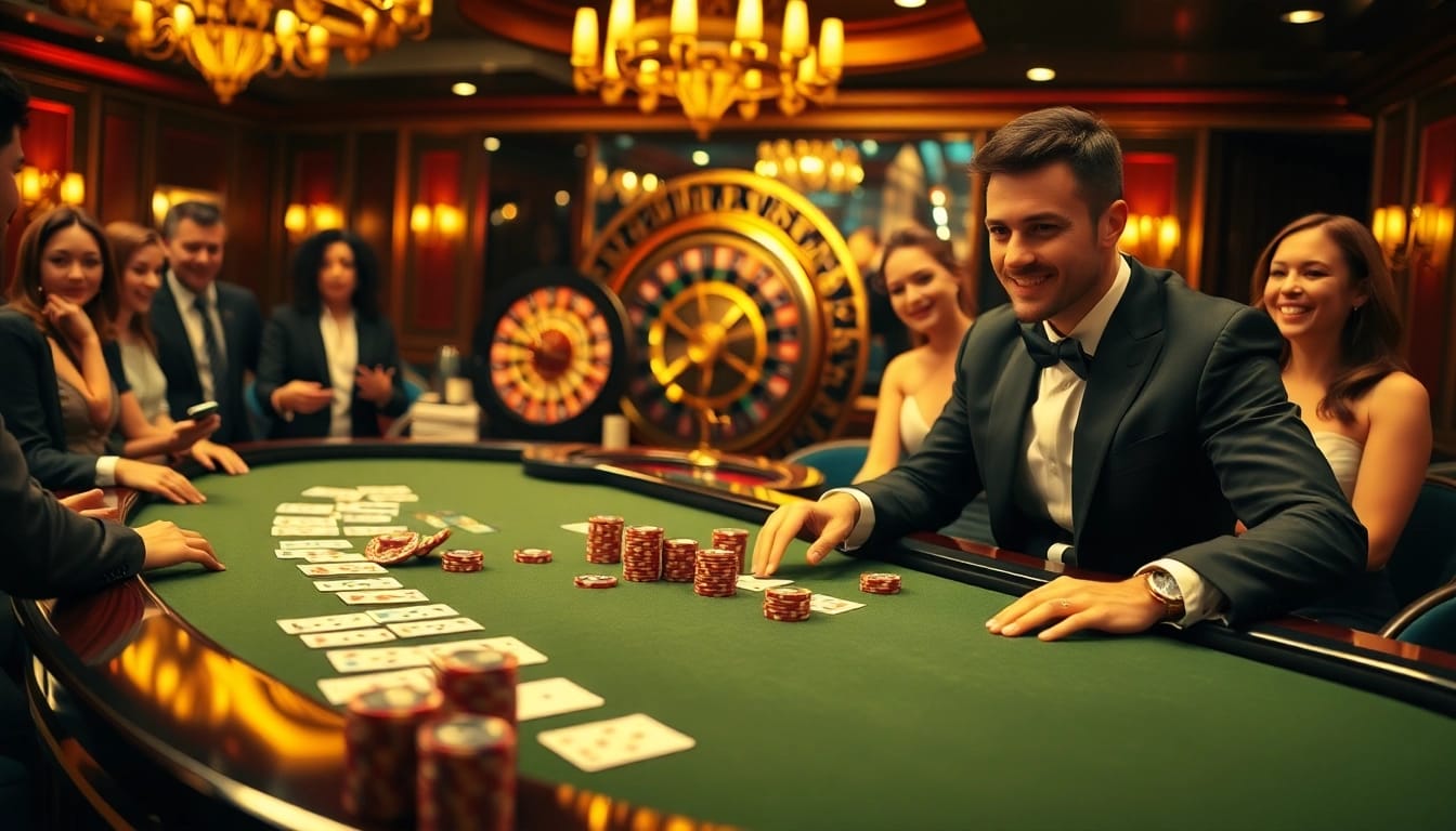 Experience the excitement of kp88 bet at a luxurious casino poker table with elegant players and vibrant chips.