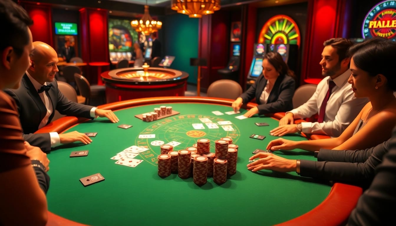 Experience the thrill at 89bet with a luxurious poker table surrounded by engaged players.