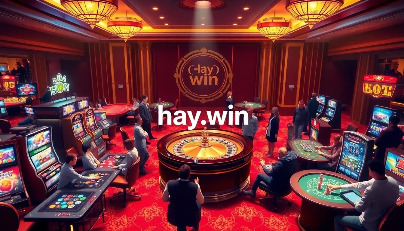 Engaged players at a vibrant casino scene on hay.win, with roulette, slot machines, and poker tables.