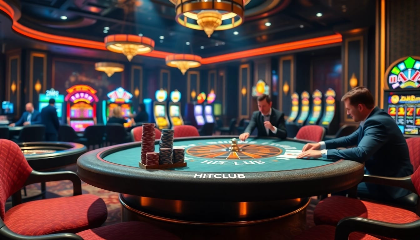 Experience excitement at HITCLUB with a vibrant casino scene featuring a luxurious gaming table and engaged players.