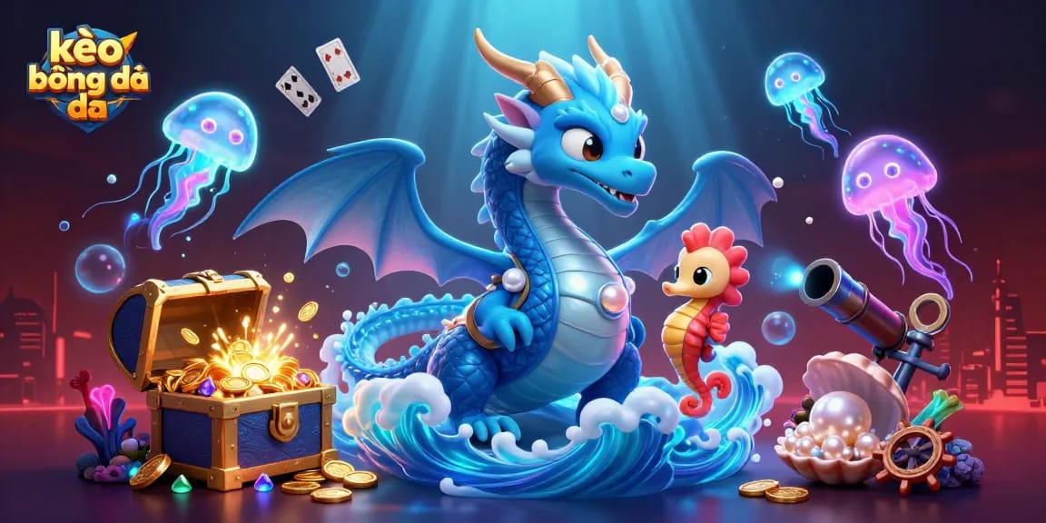 Bet on kèo bóng đá with a thrilling underwater adventure featuring vibrant dragon and knights.