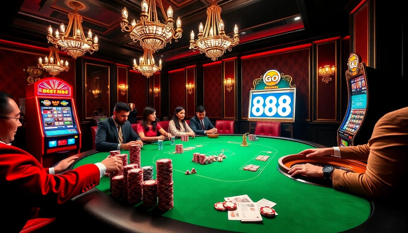 Players enjoy an exciting game of poker at a luxurious casino table, experiencing go 88 thrills.