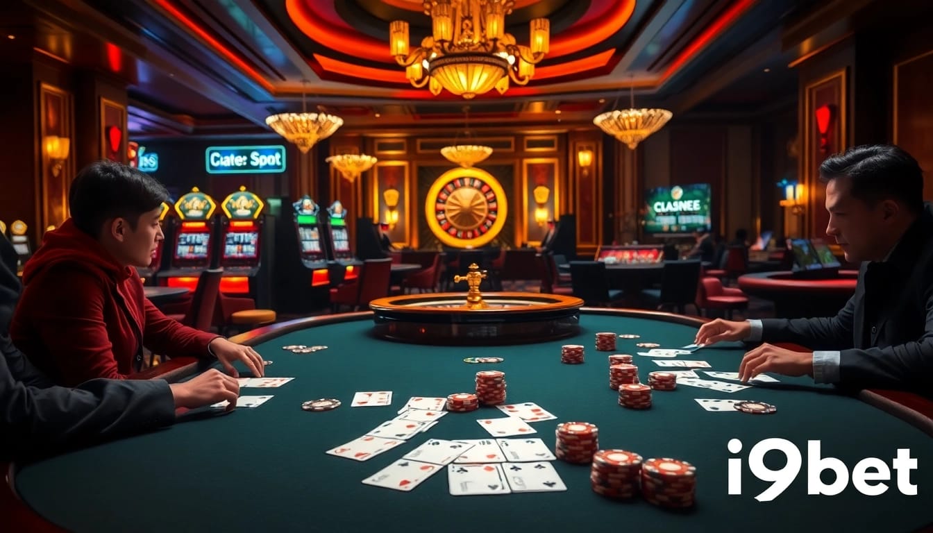 Intense poker action at an i9bet casino table with vibrant chips and cards.