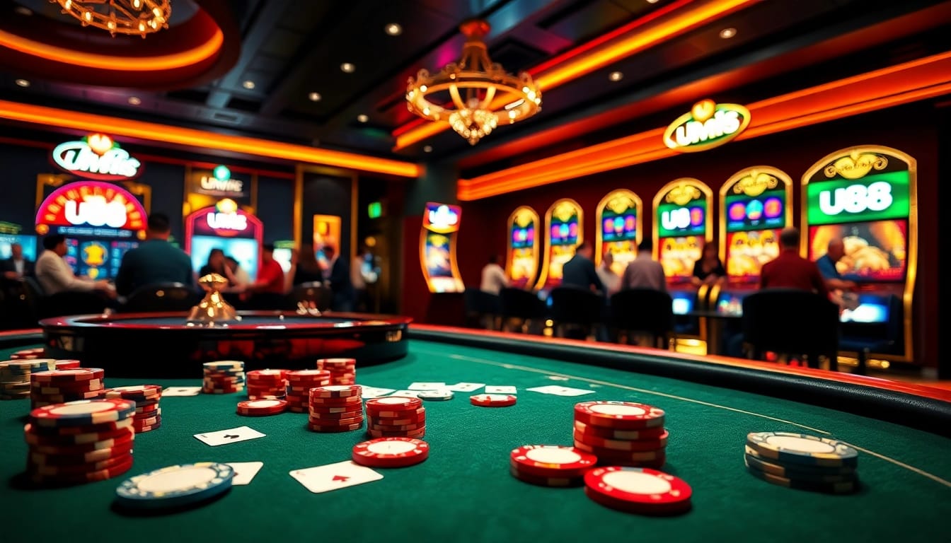 Experience the thrill of u88 gaming at a luxurious casino table with vibrant poker chips and cards.